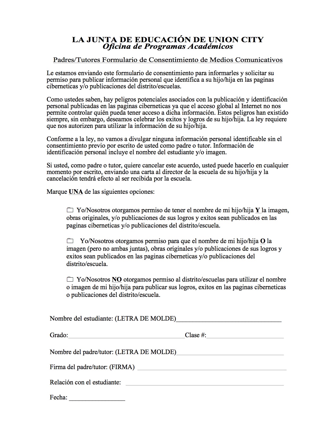 Parent Consent Form Basics Union City Public Schools